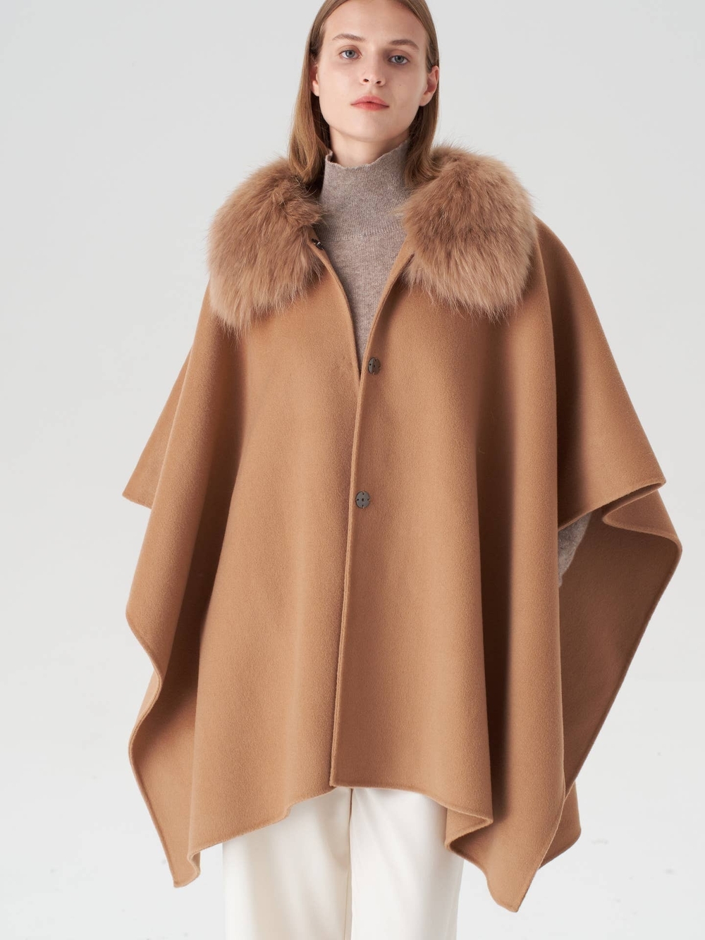 Camel Wool Cape with Faux Fur Collar